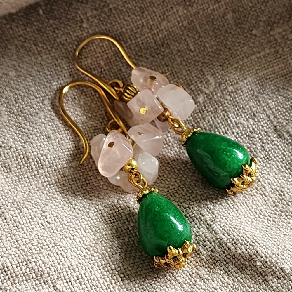 Gold-Tone Green Drop Earrings with Pale Pink Stone Clusters
